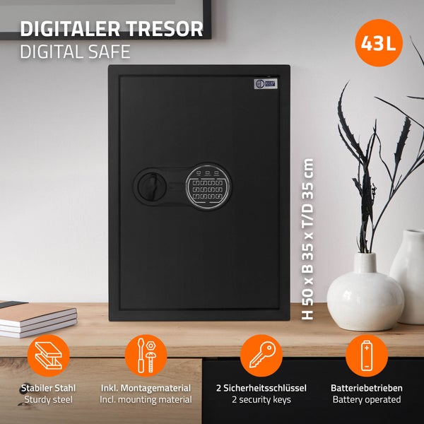 ECD Germany Safe Tresor 43L 35x50x31 cm, stabiler Stahl, Wandtresor mit Sensorlicht & Digitale Tastatur für Schmuck Bargeld Dokumente, Elektronischer Möbeltresor Geldkassette mit PIN-Code & Schlüssel