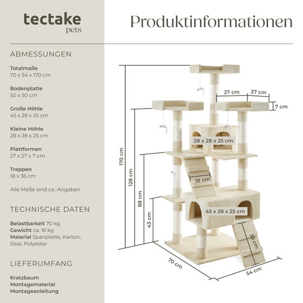 Kratzbaum tectake Barney inklusive 2 Treppen, 4 Spielmäusen und Kippschutz 170 cm beige