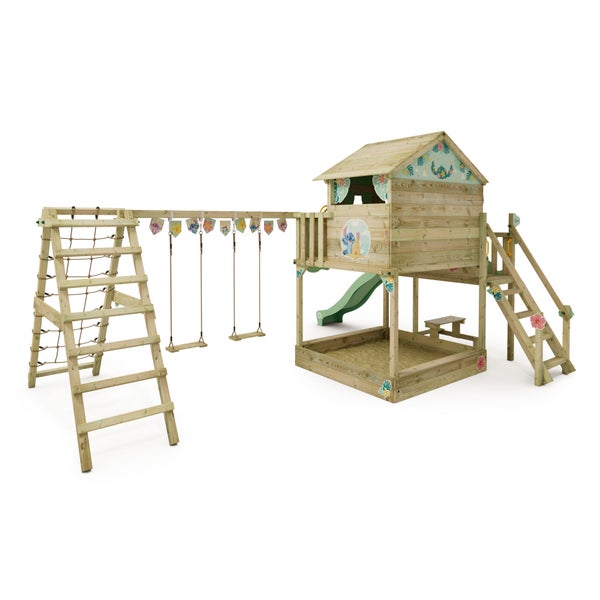 WICKEY Spielturm Disney Stitch Saga mit Rutsche, Picknicktisch, Kletteranbau und Doppelschaukel