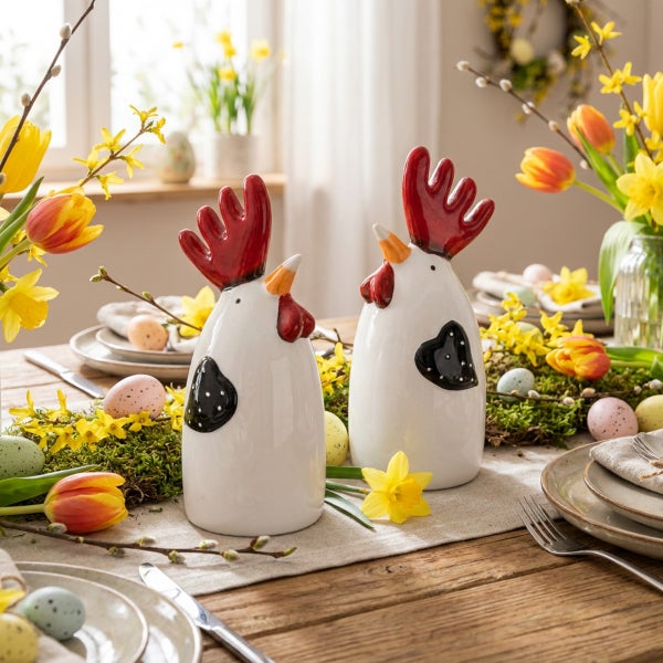 Zwei dekorative Keramik Hühner als Tischdekoration für Ostern auf einem gedeckten Tisch mit Blumen und Ostereiern.