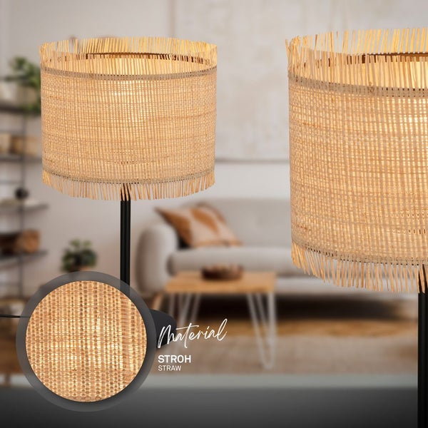 Briloner Borra Tischlampe, Strohschirm, Kabelschalter, Boho-Stil, E27 Fassung, Natur, Ø25 x 43,5 cm