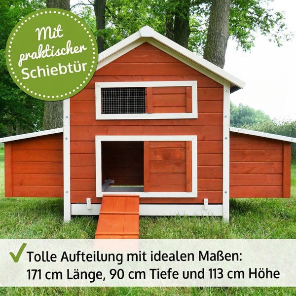Hühnerstall aus braunem Holz mit Rampe, Schiebetür, Fenster und Nistkästen, Breite 185, Tiefe 84, Höhe 112 Zentimeter.