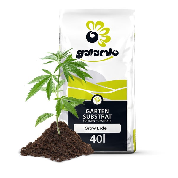 Galamio Gartensubstrat Grow Erde im 40 Liter Sack mit einer Pflanze in einem Erdhaufen.