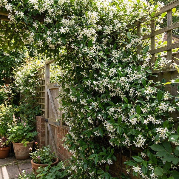 Blühende Kletterpflanze mit kleinen weißen Blüten auf einem Holzspalier und über einer Holztür in einem Garten mit Ziegelmauer.