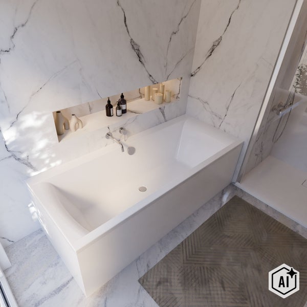 Modernes Badezimmer mit weißer Einbaubadewanne, Wandnische mit Dekoration und Marmoroptik Fliesen im Dusch- und Wannenbereich.