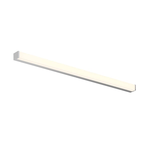 Schlanke, längliche LED-Badezimmerleuchte zur Wandmontage mit verchromtem Gehäuse und weißer Kunststoffabdeckung.