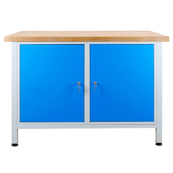 PROREGAL Werkbank Rhino mit 2 Türen HxBxT 84 x 120 x 60 cm Traglast 300 kg Lichtgrau Blau