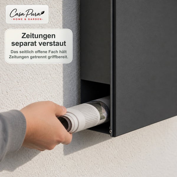 Wandbriefkasten mit Zeitungsfach zur separaten Aufbewahrung von Zeitungen an einer Hauswand