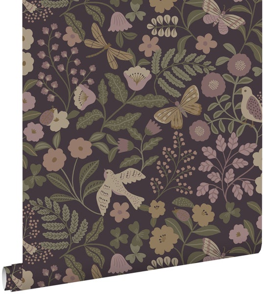 ESTAhome Tapete Blumen und Vögel Aubergineviolett, Olivgrün und Violett - 53 cm x 10.05 m - 139871