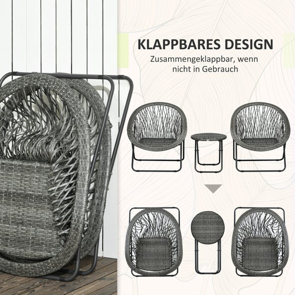 Outsunny Gartenmöbel-Set 3-tlg., Klappbar Gartengarnitur mit Couchtisch, 2 Stühlen, Balkonmöbel-Set mit Kissen, Gartensitzgruppe für Balkon, Terrasse, Grau
