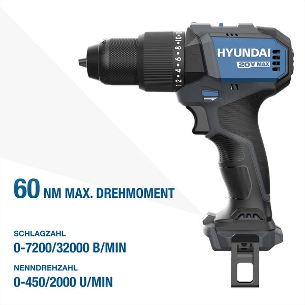 Hyundai Akku Schlagbohrschrauber 20 Volt Max mit 60 Newtonmeter Drehmoment, Schlagzahl bis 32000 Schläge pro Minute und Drehzahl bis 2000 Umdrehungen