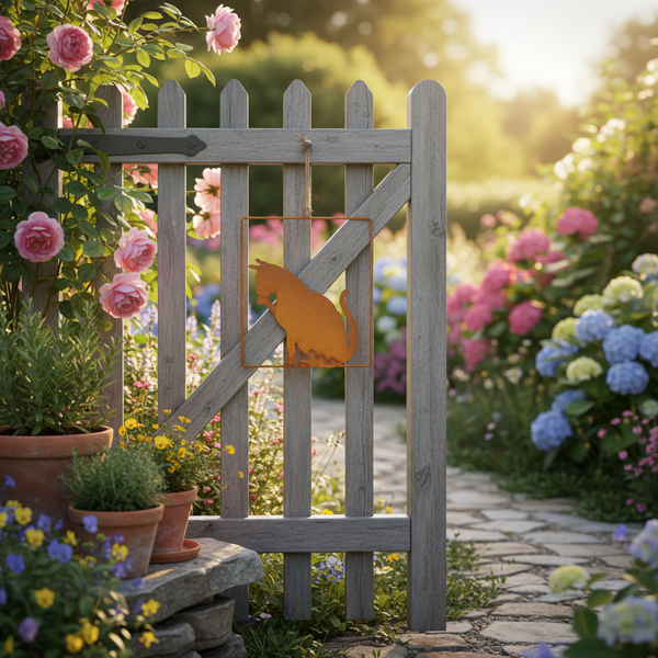 Quadratischer Gartenanhänger aus Metall mit Katzen-Silhouette an einer Holzpforte in einem hellen, organisierten Garten mit Rosen und Hortensien.