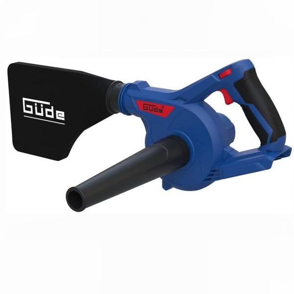 Blaues Güde Akku-Blasgerät und Sauger mit schwarzem Auffangsack und Güde Logo.