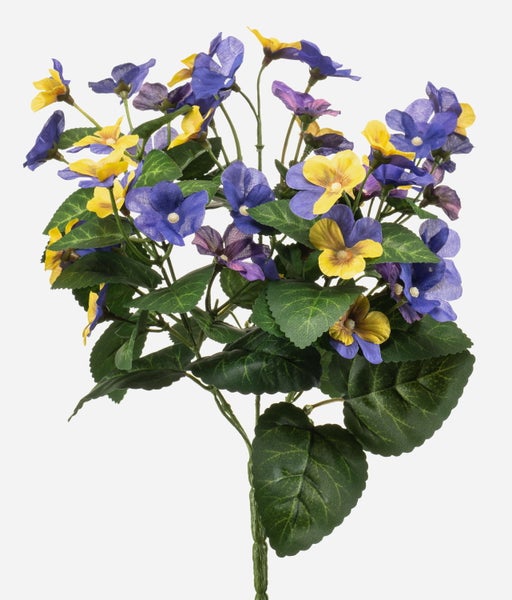 Künstlicher Stiefmütterchen-Busch mit blau-gelben Blüten und grünen Blättern.