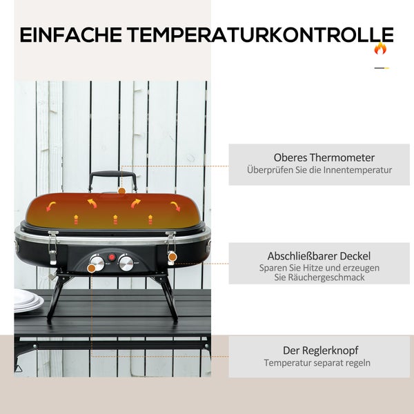 Outsunny Gasgrill 2,34 KW Klappbar BBQ Gartengrill inkl 2 Edelstahl-Brenner Druckminderer Gasschlauch Deckel Thermometer, 2 Heizzonen, Camping-Grill für Balkon, 66 x 34,5 x 37 cm