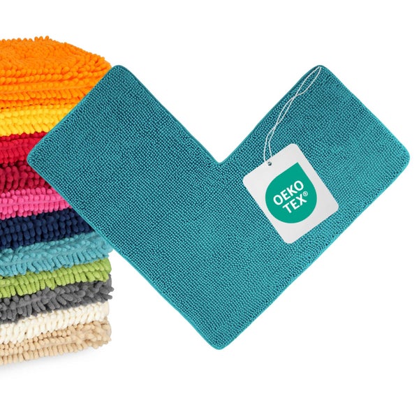 U-förmige Badematte aus Chenille mit Oeko-Tex Standard 100 Zertifizierung für schadstoffgeprüfte Textilien.