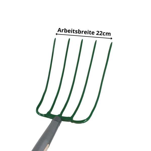Mistgabel aus Metall mit 5 Zinken und einer Arbeitsbreite von 22 Zentimetern.