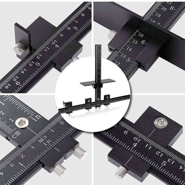 Einstellbare Bohrlehre aus Metall mit metrischen und imperialen Skalen sowie Feststellschrauben für die präzise Montage von Möbelgriffen.