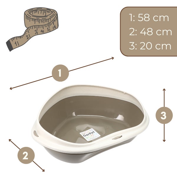 GarPet Katzentoilette mit Maßangaben: 1 ist 58 Zentimeter, 2 ist 48 Zentimeter und 3 ist 20 Zentimeter.