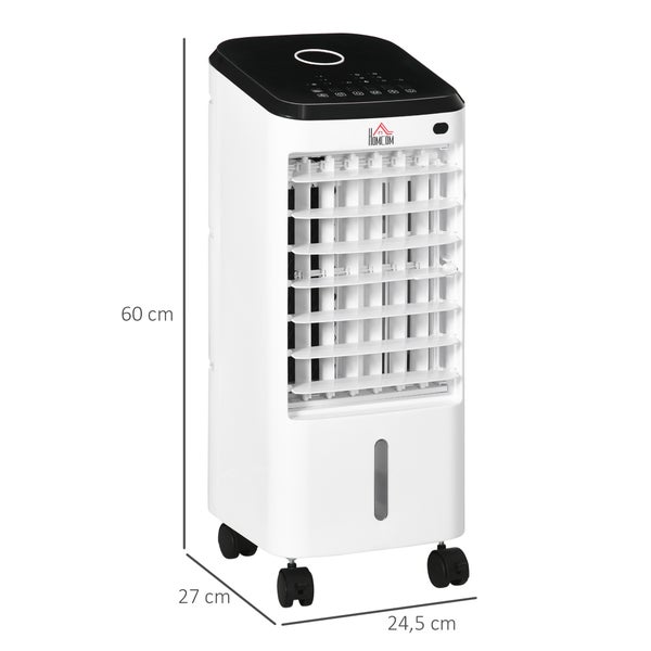 HOMCOM Mini Luftkühler, 3 in 1 Luftbefeuchter mit 3 Stufen, 60° Oszillation, für Schlafzimmer, Büro, 24,5L x 27B x 60H cm, ABS, Kunststoff, Weiß