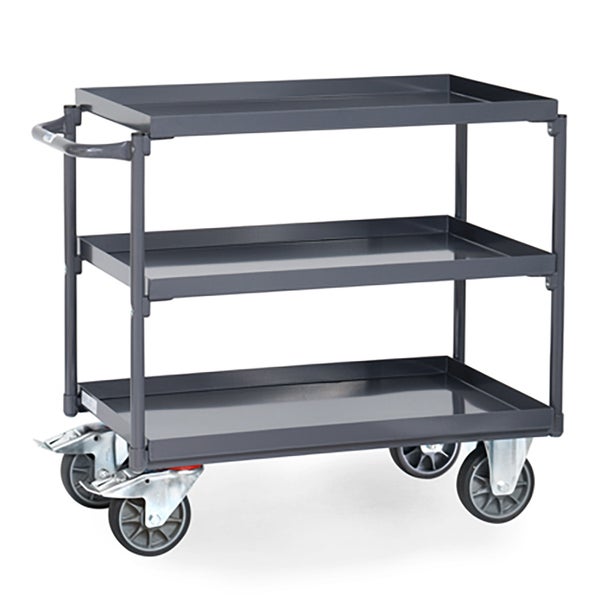 Fetra ESD-Tischwagen, grau mit Wannen und 3 Etagen 850x500mm Griff gerade