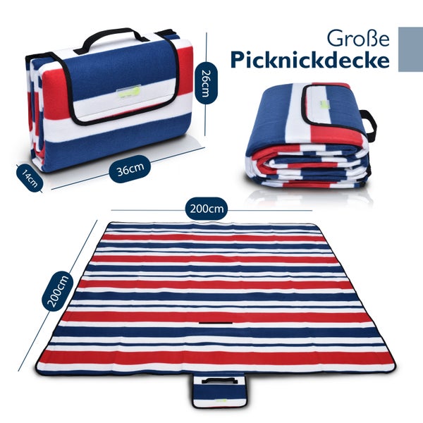 Große Picknickdecke mit Streifenmuster, 200 x 200 cm, zusammenfaltbar mit Tragegriff