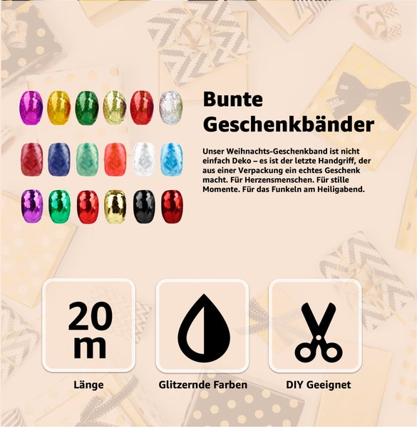 Verschiedenfarbige Geschenkbaender mit einer Laenge von 20 Meter, glaenzende Farben, geeignet fuer DIY Projekte