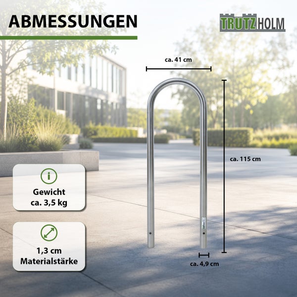 Fahrradanlehnbügel aus Edelstahl von Trutzholm mit Maßangaben in Zentimeter und Gewichtsangabe in Kilogramm.