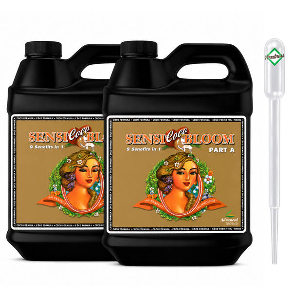 Zwei Flaschen Advanced Nutrients Sensi Coco Bloom Part A Pflanzendünger und eine Pipette