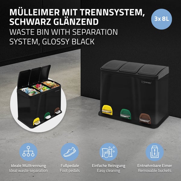 ML-Design Mülleimer Küche 3x 8L (24Liter), Schwarz, Mülltrennsystem 3 Fächer, Treteimer zur Mülltrennung, Abfalleimer aus Stahl mit Inneneimer aus Kunststoff & Klappdeckel, farblicher Kennzeichnung