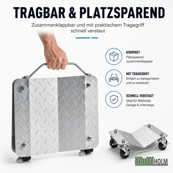 Zusammenklappbarer Transportroller aus Metall mit Tragegriff und Rollen fuer Werkstatt und Garage von Trutzholm.