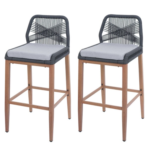 Zwei Barhocker mit Holzbeinen, Seilrückenlehne und Sitzkissen