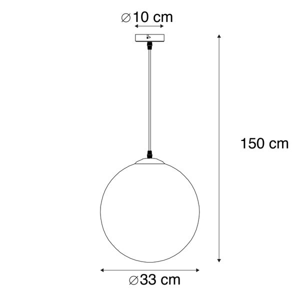 Technische Zeichnung einer Pendelleuchte mit den Maßen 10, 33 und 150 Zentimeter