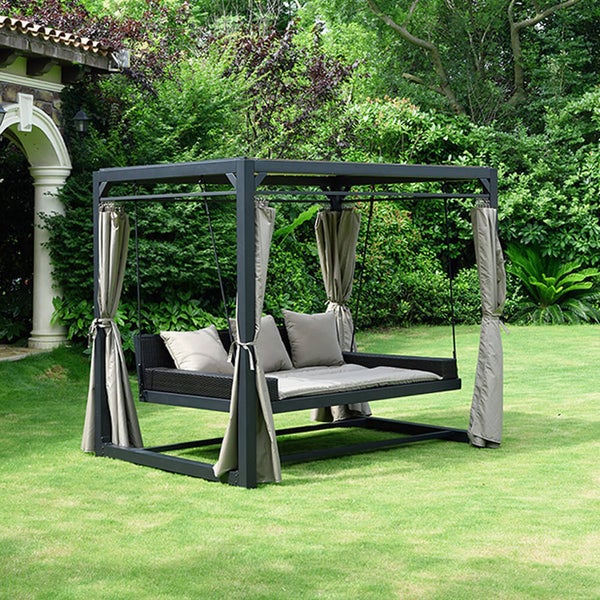 Home Deluxe - Gartenliege - PROVENCE, Maße: ca. 236 x 180 x 210 cm, Schwebendes Rattanbett inkl. Vorhänge und Schiebedach I Hollywoodschaukel Sonnenliege Schaukelliege