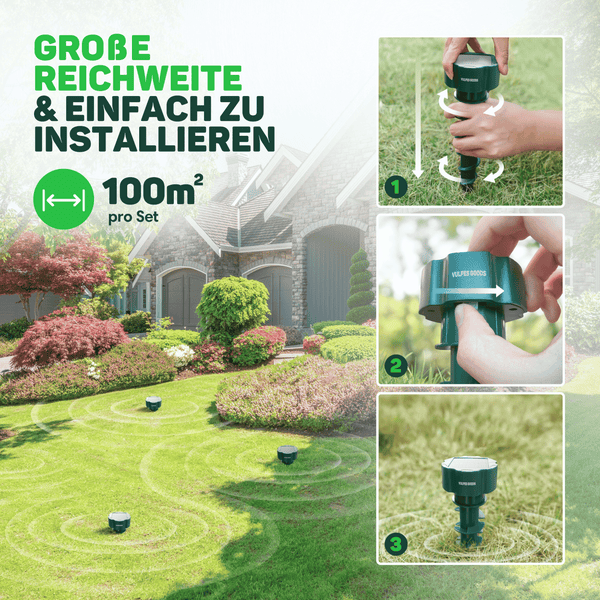 Vulpes Goods Maulwurfabwehr - Ultraschall Maulwurfschreck - Maulwurfvertreiber - Flexible Verwendung durch Solarmodul - 4 Stück