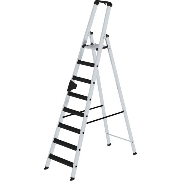 Haushaltsstehleiter aus Aluminium mit sieben Stufen und einer stabilen Ablageschale für sicheres Arbeiten.