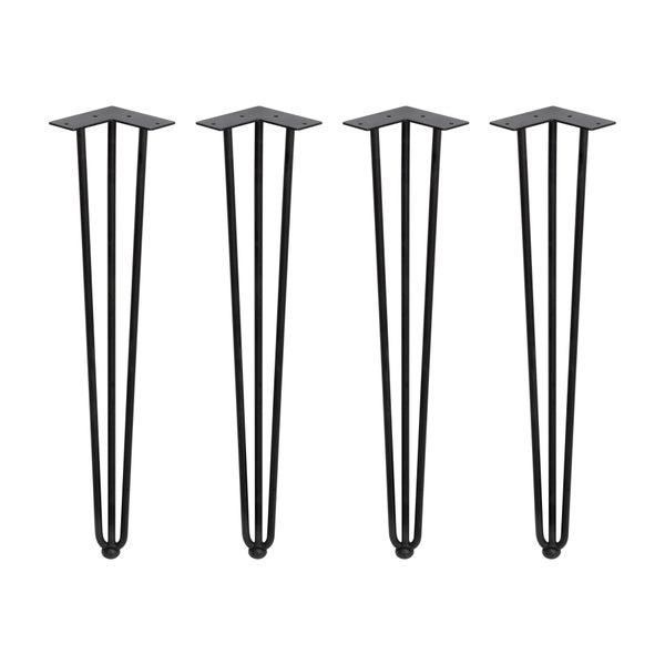 Set aus vier Tischbeinen aus Metall im Haarnadeldesign zur Montage an Möbelstücken.
