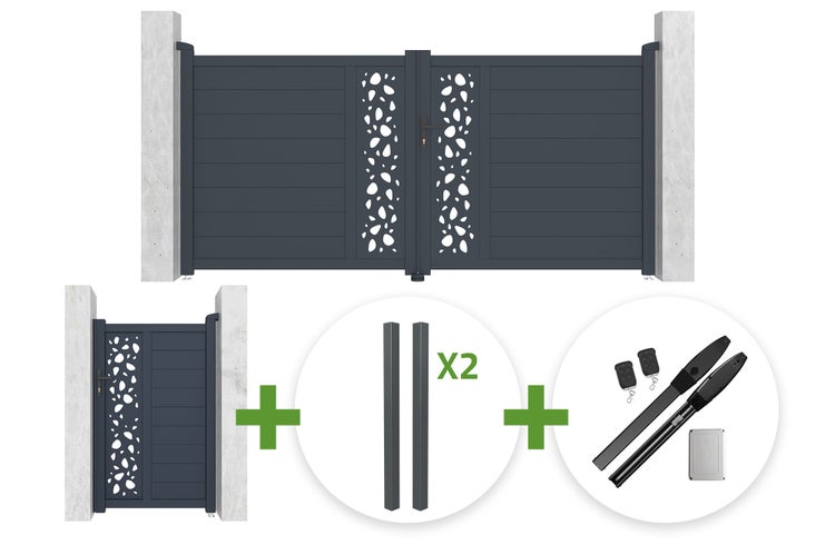 Automatisiertes Einfahrtstor-Set mit Doppelflügeltor, Gartentor, zwei Pfosten und Motorisierung in Anthrazit.