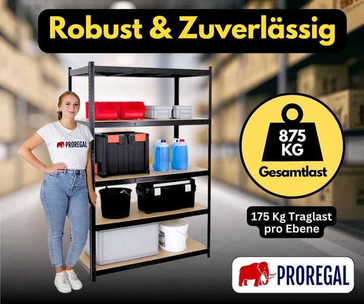 Schwerlastregal aus schwarzem Metall mit 5 Holzböden, Traglast 175 Kilogramm pro Ebene, Gesamtlast 875 Kilogramm. PROREGAL Logo.