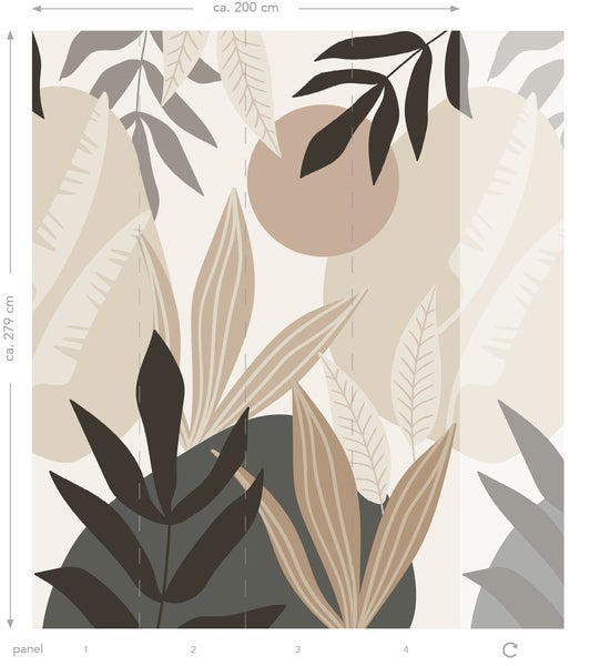 Fototapete mit abstraktem Pflanzenmotiv, circa 200 cm breit und circa 279 cm hoch