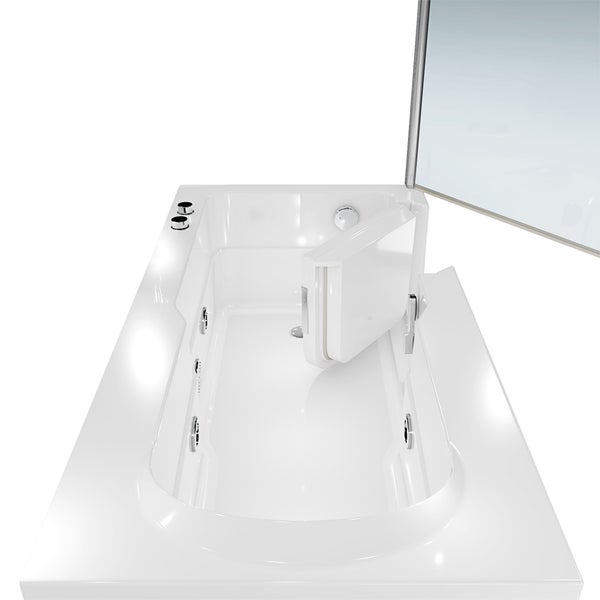 Weiße Rechteckbadewanne mit integrierter Einstiegstür, Duschabtrennung aus Glas und Massagedüsen.