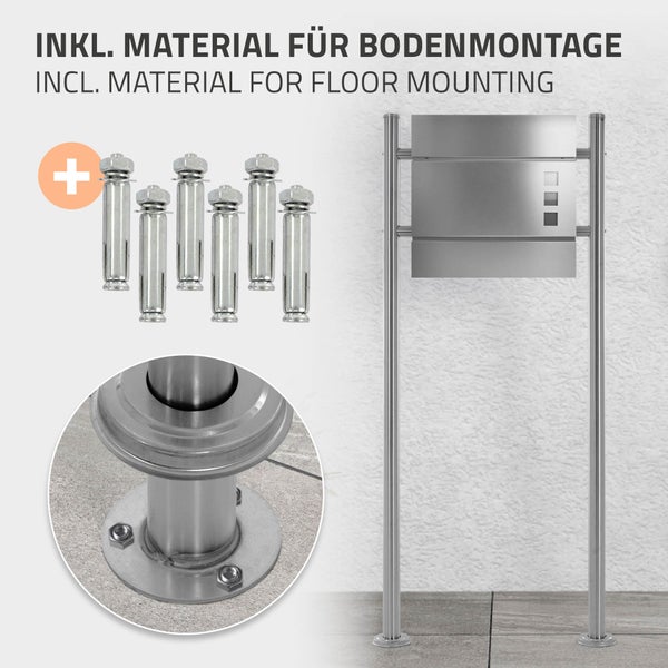 Standbriefkasten aus Edelstahl inklusive Montagematerial für die Bodenbefestigung mit sechs Schwerlastdübeln und Detailansicht der Fußplatte.