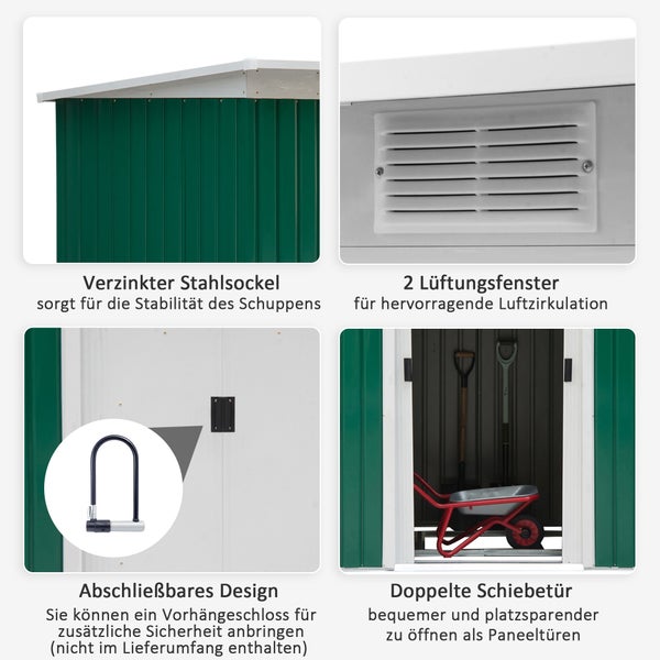 Outsunny Gerätehaus, Geräteschuppen mit Schiebetür, Lüftungsfenster, Pultdach, Outdoor, 280 x 130 x 172 cm, Stahl, Dunkelgrün