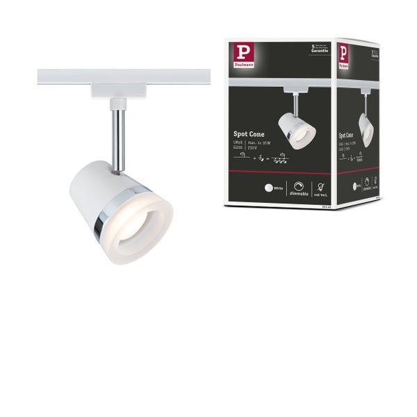 Paulmann URail Spot Cone, weißer Schienenspot mit Chromring, dimmbar, GU10 Fassung, inklusive Produktverpackung.