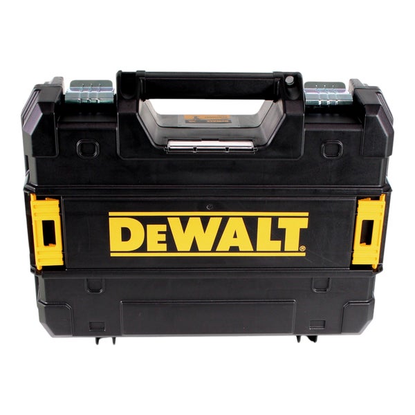DeWALT Werkzeugkoffer aus Kunststoff mit DeWALT Logo, Tragegriff, Metallverschlüssen und seitlichen Clips zum Stapeln.