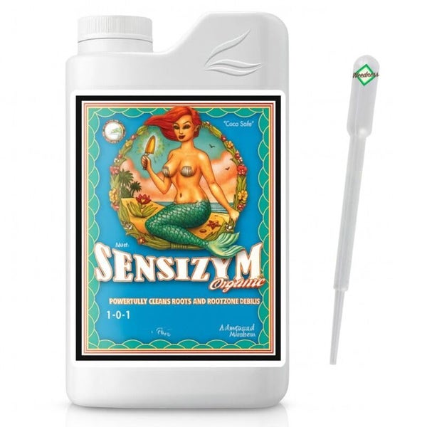 Sensizym Organic Wurzelreiniger in einer weißen Flasche mit einer Pipette zur Reinigung von Pflanzenwurzeln.