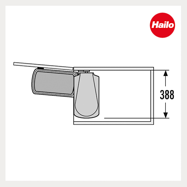 Maßzeichnung eines Hailo Einbaumülleimersystems für Schränke mit einer Höhenangabe von 388 Millimeter. Hailo Logo.