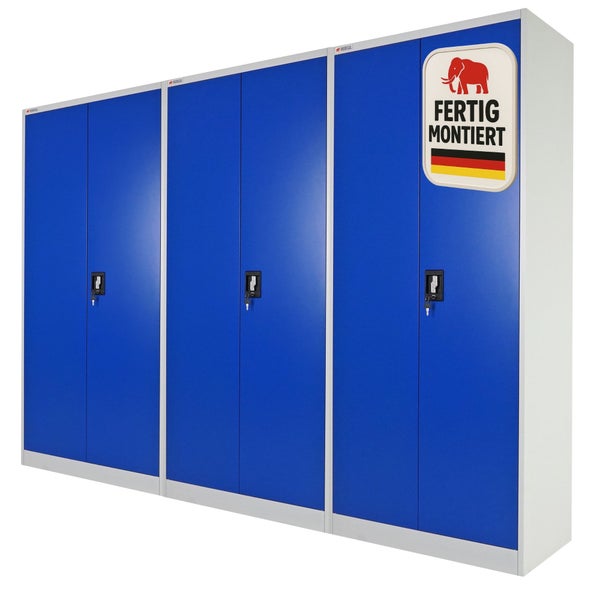 Proregal Metallschrank-Set mit sechs abschließbaren Türen, fertig montiert, Proregal Logo.