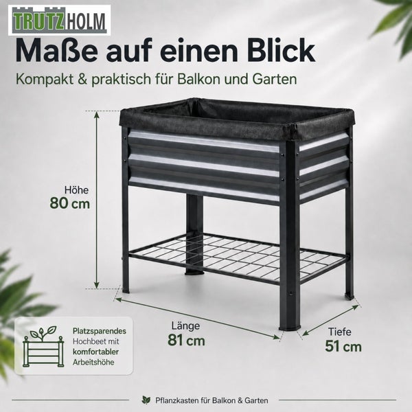 Trutzholm Hochbeet aus Metall mit Ablagegitter, Hoehe 80 Zentimeter, Laenge 81 Zentimeter, Tiefe 51 Zentimeter, fuer Balkon und Garten.