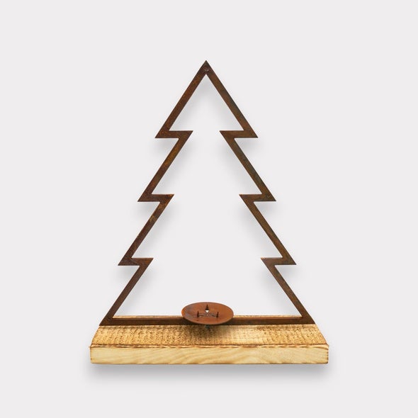 Dekorative Tannenbaum Silhouette mit Kerzenhalter aus Metall und Holz